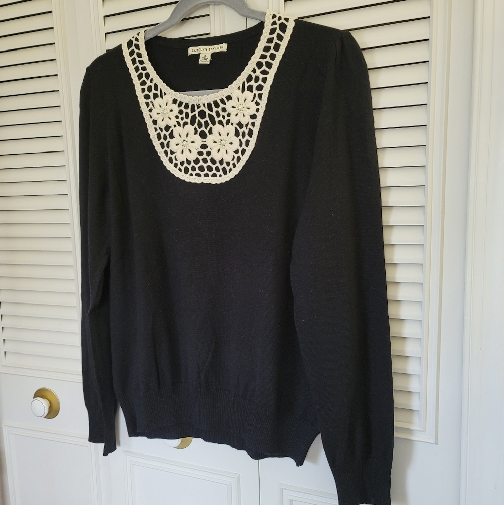 Carolyn Taylor crochet neck black sweater